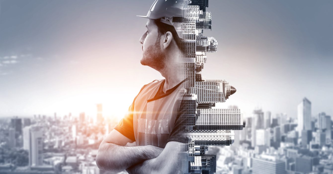 Future building construction engineering project concept with double exposure graphic design. Building engineer, architect people or construction worker working with modern civil equipment technology.
