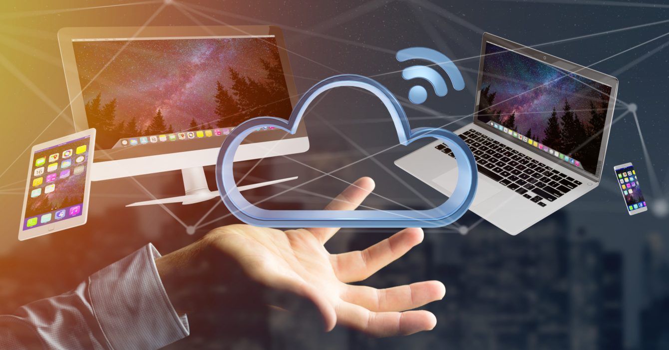 Devices like smartphone, tablet or computer flying over connected cloud - 3d render