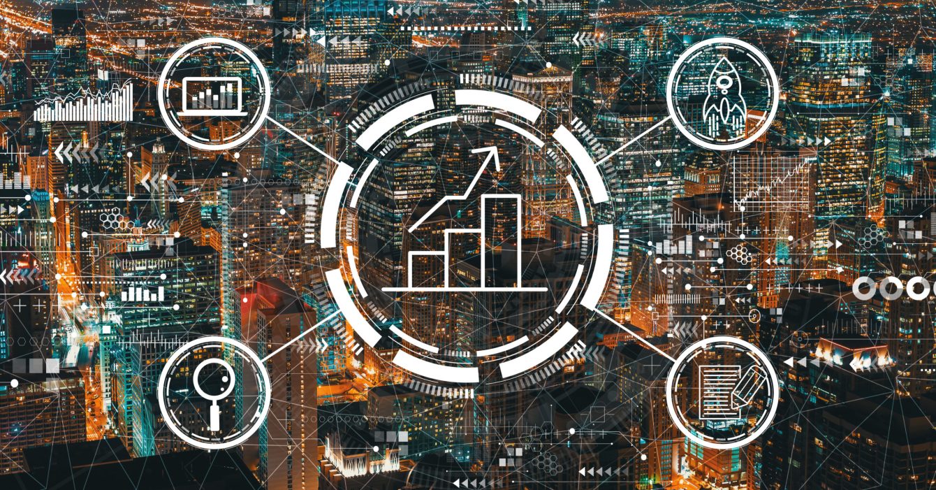 Business growth analysis with downtown Chicago skyscrapers